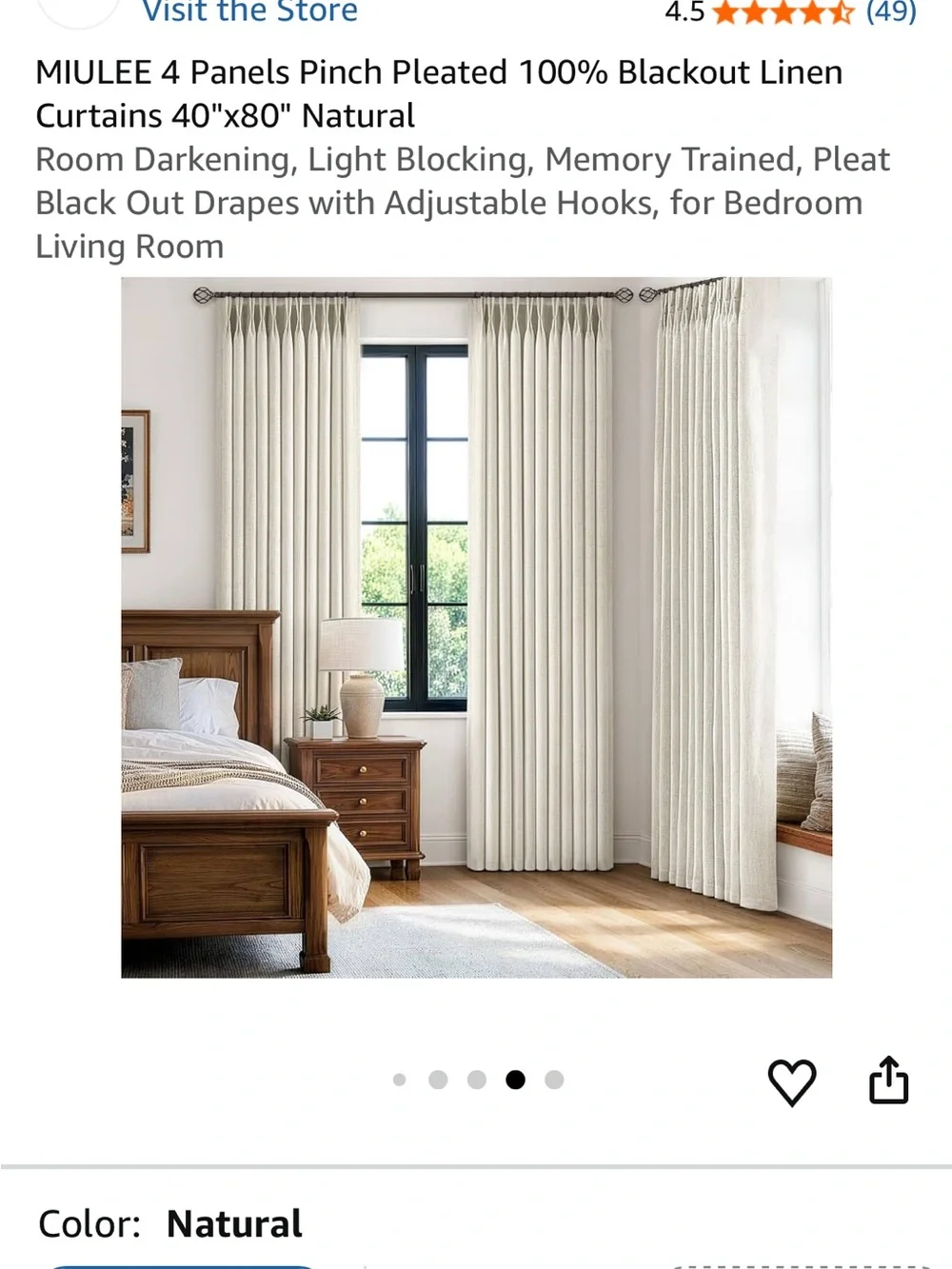 NEW MIULEE Pinch Pleat Blackout Linen Curtains in Natural - FOUR Panels- 40”x80”
